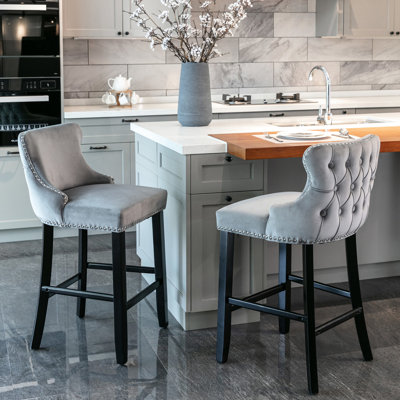 Velvet Upholstered With Button Tufting, Wooden Legs And Trim, Gray, 2, Sw1824gy, Leisure Bar Chair Collection 2 Gray Detail Nailhead Trim - Appealing Chairs