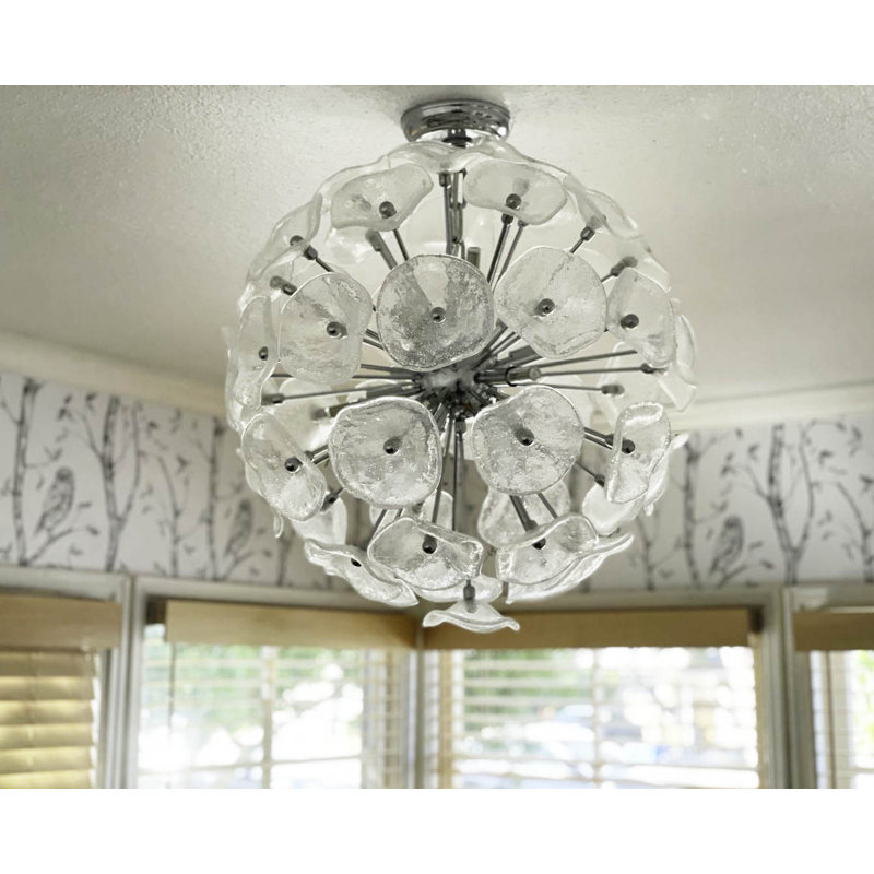 Lustre sphérique unique à 12 lumières Asherton, Murano transparent, Chrome poli