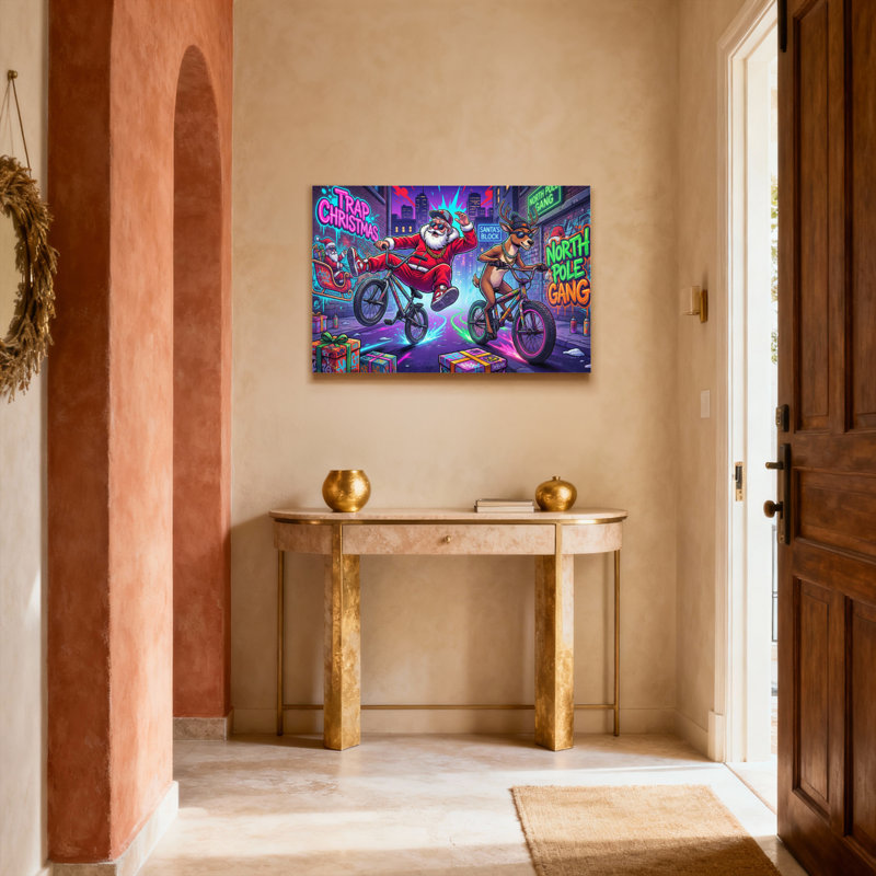Tableau sur toile tendue représentant le père Noël et ses rennes à vélo, scène de Noël urbaine (lot de 1), H 20 po x l 30 po
