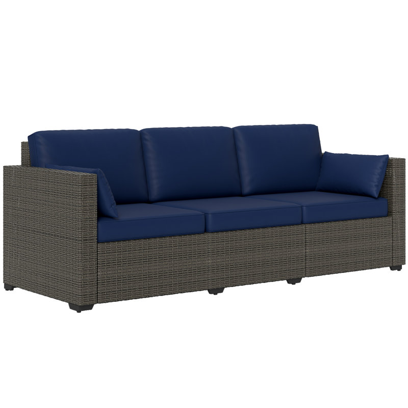 Outdoor Sofa w/ Cushions, PE Rattan Patio Couch, Dark Blue/Brown, Navy Blue
