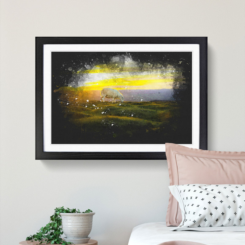 Grazing Sheep At Sunset Paint Splash - Picture Frame Graphic Art, Black Framed, 24cm H x 33cm W x 2cm D