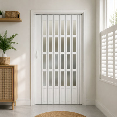 Porte pliante accordéon intérieure 48 po x 80 po à 4 couches en PVC blanc à double couche avec roulettes améliorées, quincaillerie complète et poignées, idéale pour les portes de placard et de salle de bain