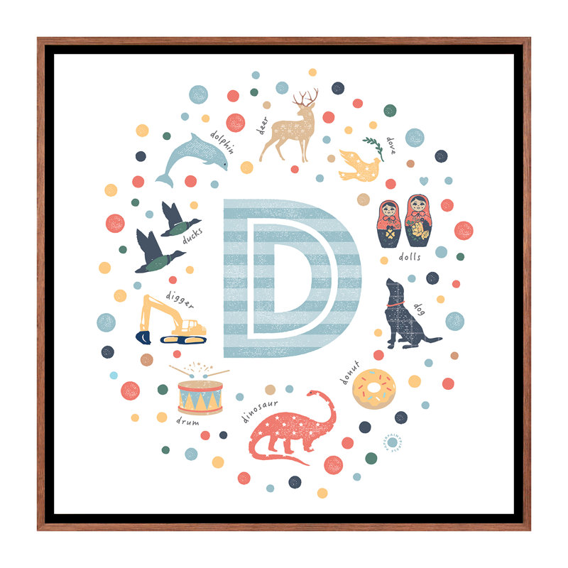 Lettre illustrée D bleue - impression, Pas de tapis, H 18 po x l 18 po x 1,5 po, Toile avec cadre brun