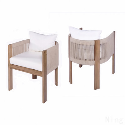 Chaise de salle à manger d'extérieur en bois, corde beige avec coussin beige, ensemble de 2