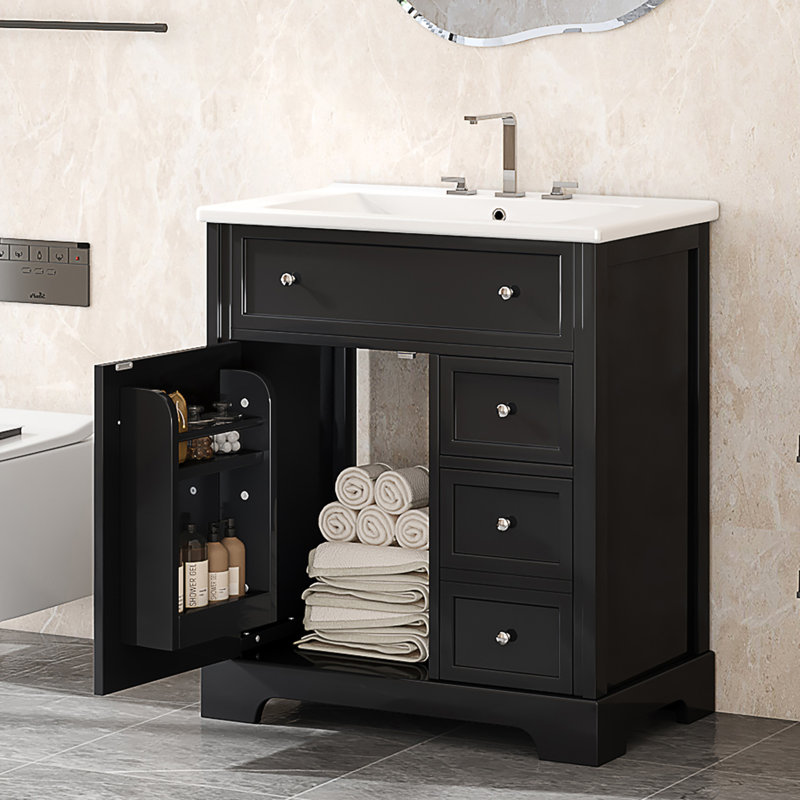 30" Bathroom Vanity With Sink Top, Bathroom Vanity Cabinet With Door And Two Drawers, MDF Boards, Solid Wood