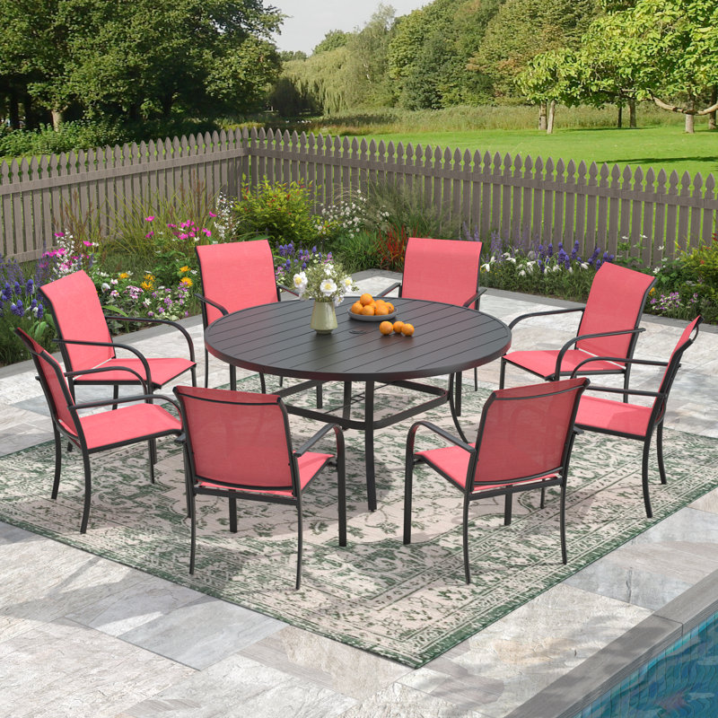 8 - Person Round Outdoor Dining Set, Black/Red