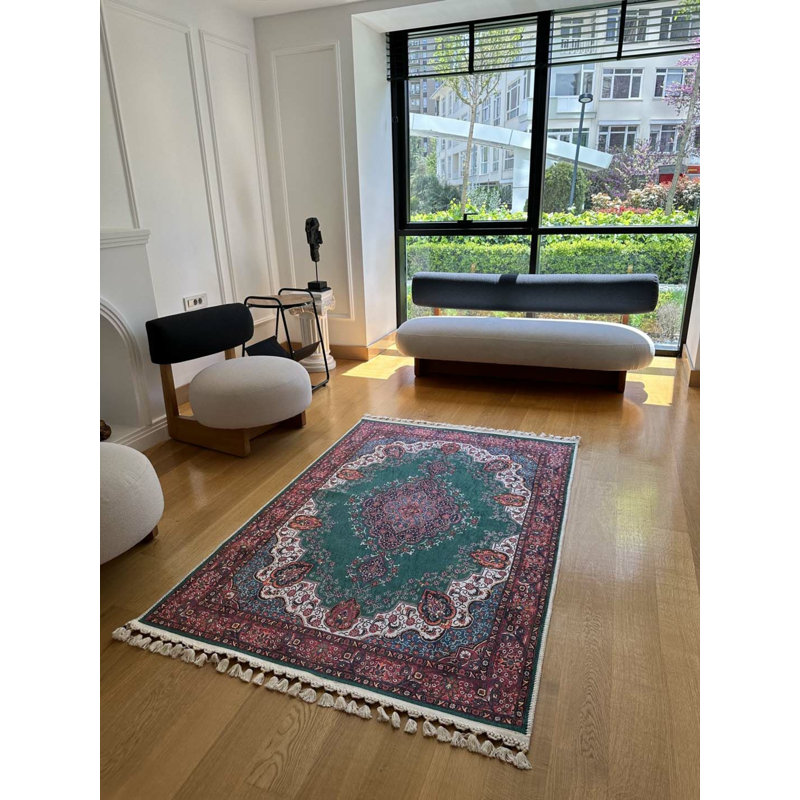 Coton imprimé vert oriental vert Toscana Tapis chenille antidérapant, Rectangle 3 pi 11 po x 5 pi 11 po