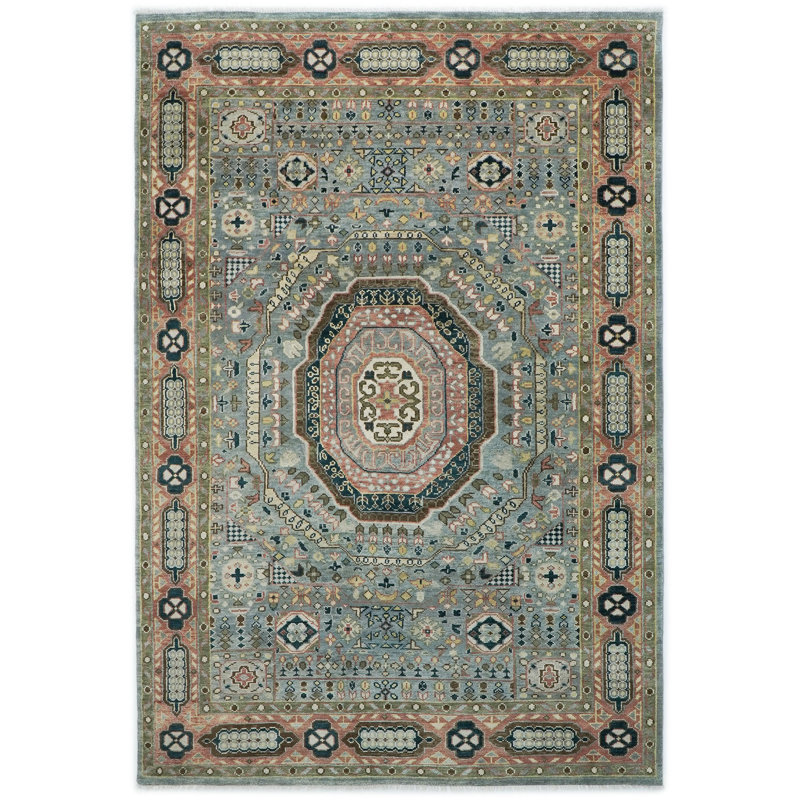 Tapis traditionnel rose en laine noué à la main 9 pi 9 po x 14 po Oushak, Vert, Rectangle 9 pi 9 po x 14 pi