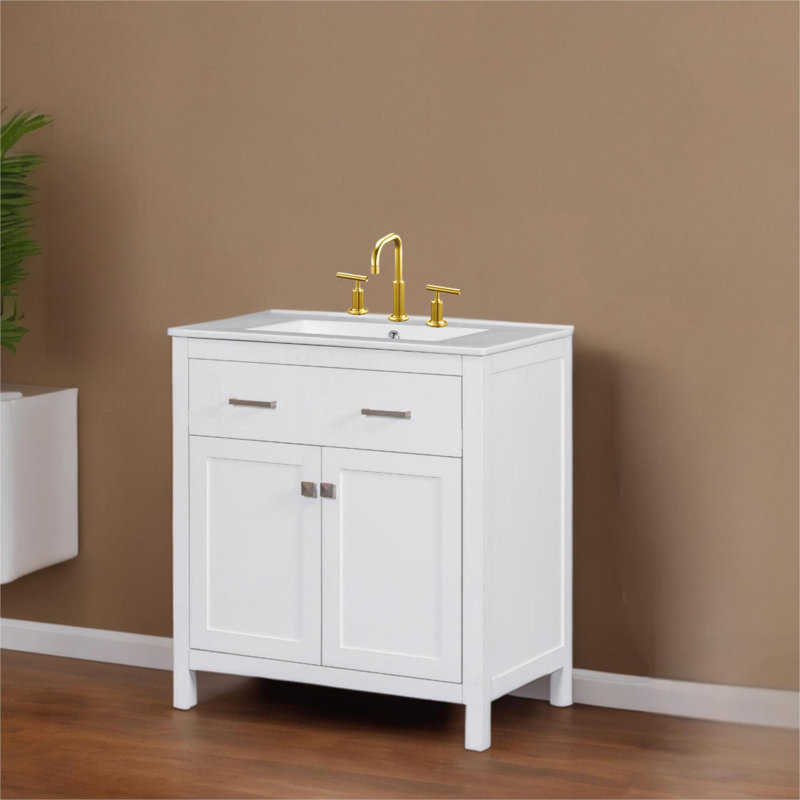 30"Modern Bathroom Vanity with Ceramic Sink, White/Silver