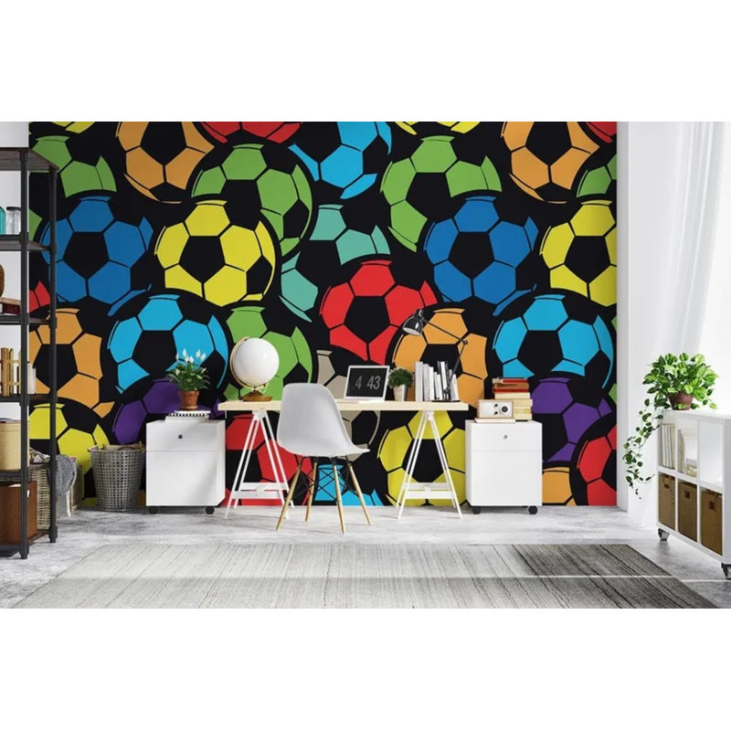 Colourful Soccer Ball Pattern Wallpaper Mural, 96" L x 108" W