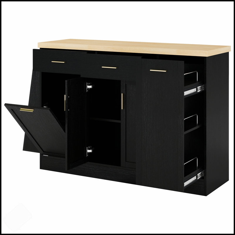 Buffet de rangement multifonctionnel avec porte coulissante, poubelle cachée et support à épices à 3 niveaux pour la cuisine et la salle à manger