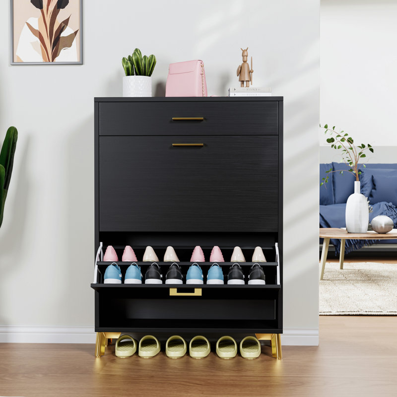 Shoe Storage Cabinet For Entryway, Free Standing Shoe Organizer With 2 Flip Drawers, Hidden Shoe Rack Storage Organizer For Doorway Hallway Closet