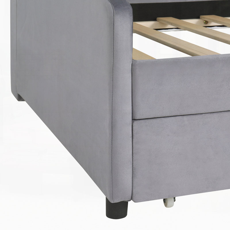 Lit plateforme tapissier avec rangement et tiroirs, gris