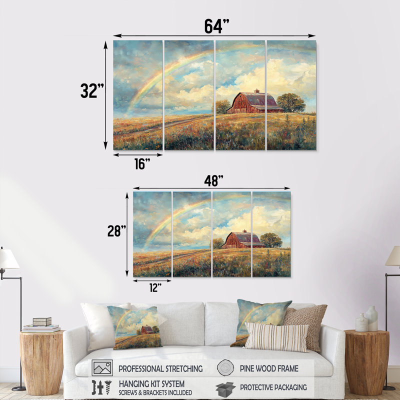 Arc-en-ciel au-dessus de la ferme II - Art mural - Ensemble de décorations murales, H 32 po x l 64 po, 4