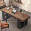 70.86" Modern Solid Wood Executive Desk with Open Storage Shelves, Large Home Office Writing Desk with Black Bookshelf Base