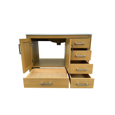 Meuble-lavabo de 42 po avec évier et robinet, armoire de rangement en chêne à 2 portes et 5 portes, céramique, tiroirs, fabrication en contreplaqué de bois massif, rangement multifonctionnel à finition peinte à l'eau, comptoirs, lavabo en céramique,