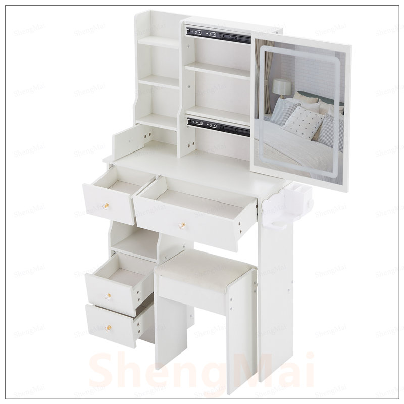 Table de coiffeuse compacte à tiroir gauche avec tabouret rembourré, centrale électrique, support pour sèche-cheveux et miroir à DEL réglable