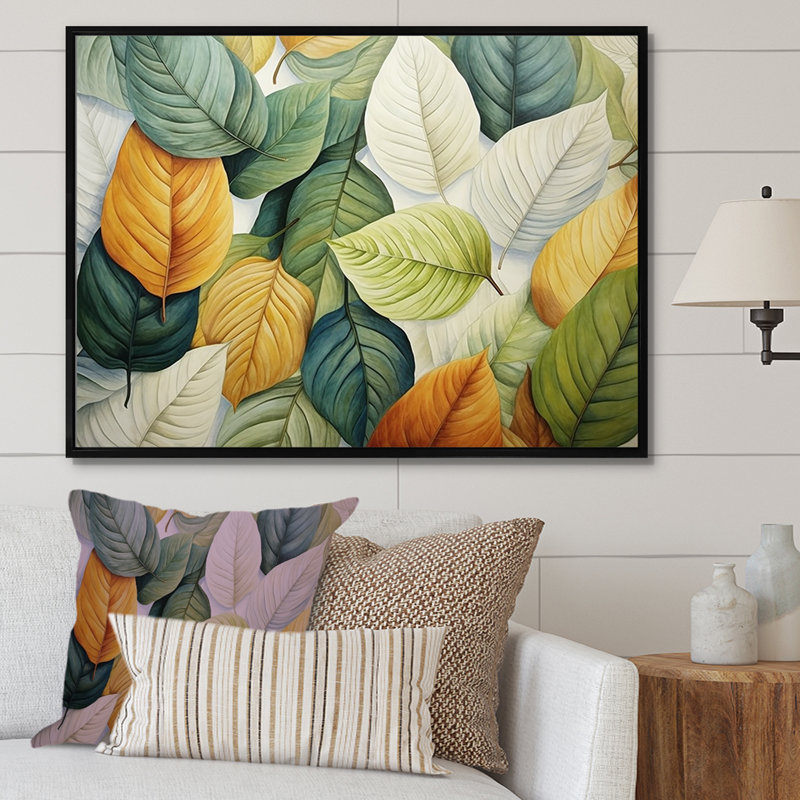 Feuilles vertes et jaunes Tranquility II - feuilles, art mural, H 16 po x l 32 po x P 1 po, Cadre flottant noir