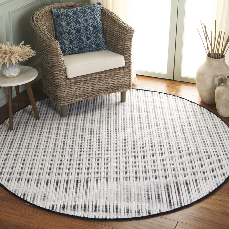 909 Hand Woven Cotton/Wool Striped Rug , Round 6', Navy/Ivory