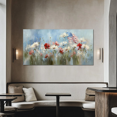  Large Patriotic Canvas Wall Art - American Flag and Wildflowers Painting Picture Wall Decor, Americana Artwork for Home Decoration, Wrapped Canvas, 24×48 inches