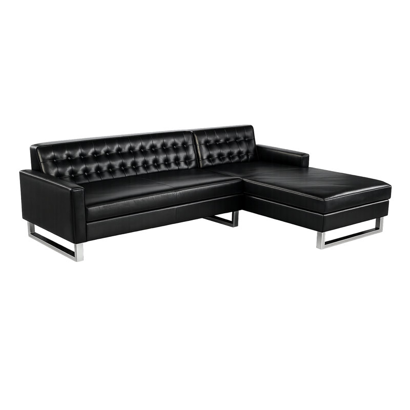 Sloan Sectional– Modern RIGHT Arm Facing Sectional Sofa with Tufted Back, Chaise Lounge, Stainless Steel Legs- Faux/Vegan Leather Sectional - Black SectionaL