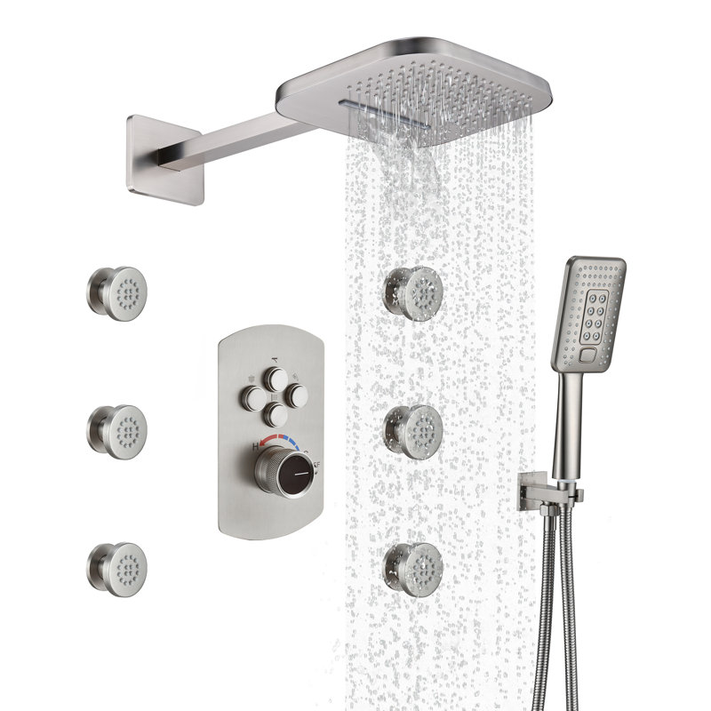 Système de douche complet thermostatique mural à 4 fonctions avec 6 jets de corps et valve brute, Nickel brossé