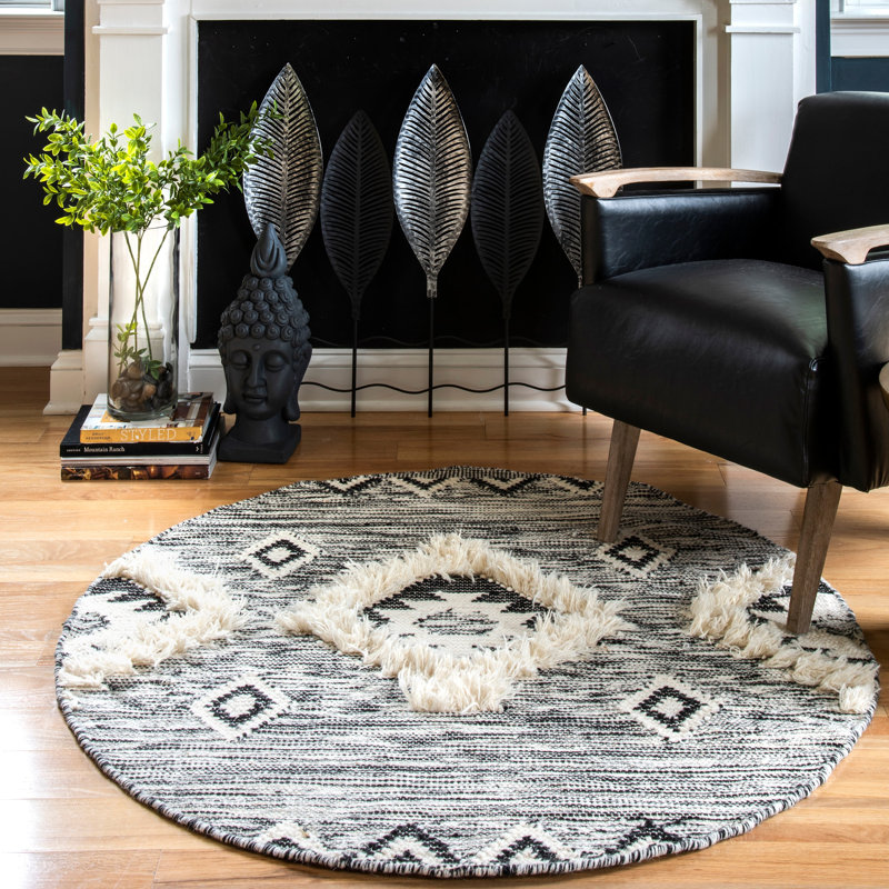 Adi Moroccan Lattice Hand-Knotted Wool Fringed Grey Area Rug, Round 4'