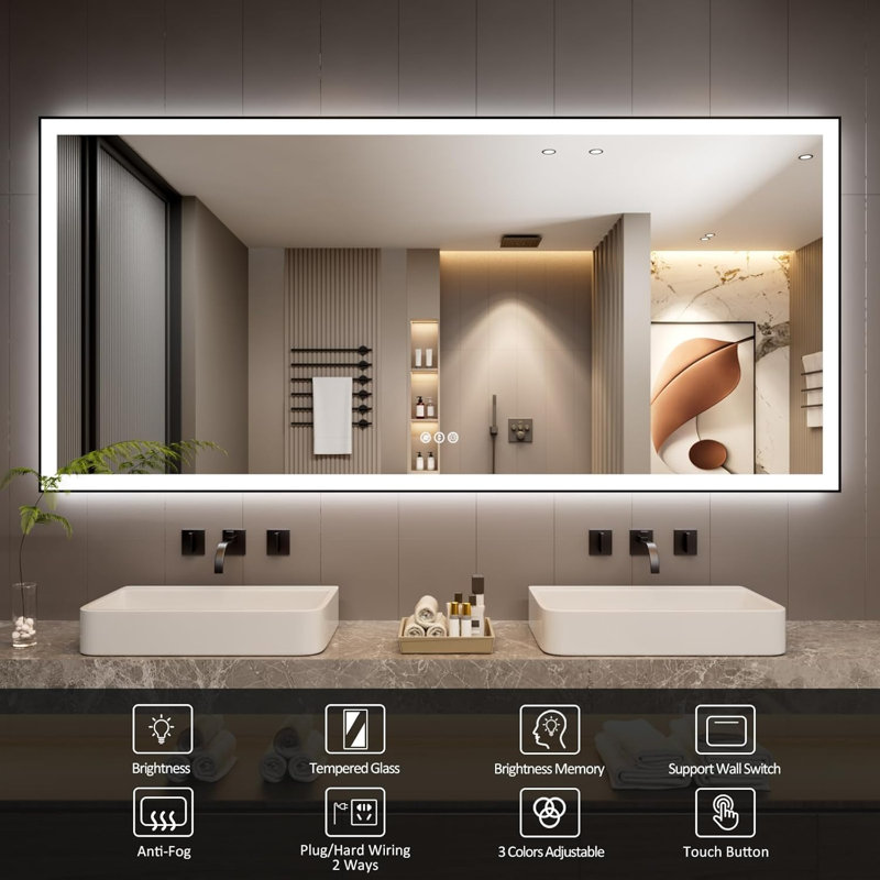 Miroir de salle de bain à DEL avec cadre noir, rétro-éclairé et miroirs de salle de bain éclairés, 84 po x 40 po