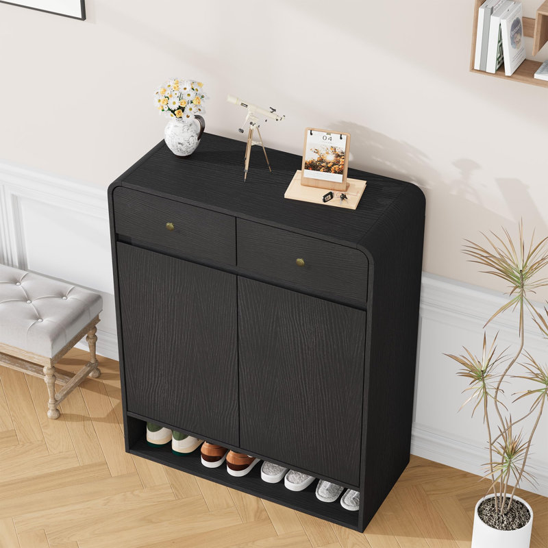 Slim Shoe Storage Cabinet 31.5" – Adjustable Shelves, 2 Drawers, Bottom Shelf – Freestanding Wooden Organizer for Entryway or Hallway
