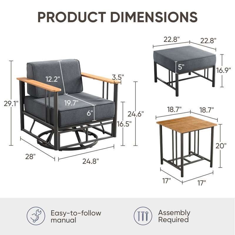 Ensemble de conversation d'extérieur pour 2 chaises pivotantes avec repose-pieds et table d'appoint 18,7 po Archlebov
