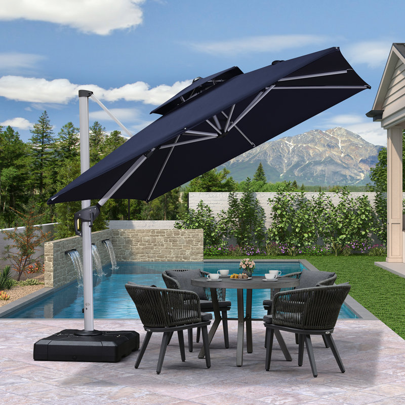 Mutluyaka 120" Square Cantilever Umbrella With Base,Navy, Navy Blue