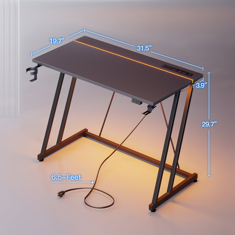 Gaming Desk With Recessed Led Lights, Computer Desk With Reversible Led Lights Controller, Home Office Desk With Built-in Power Outlets,writing Desk With Cup Holder And Iron Hook