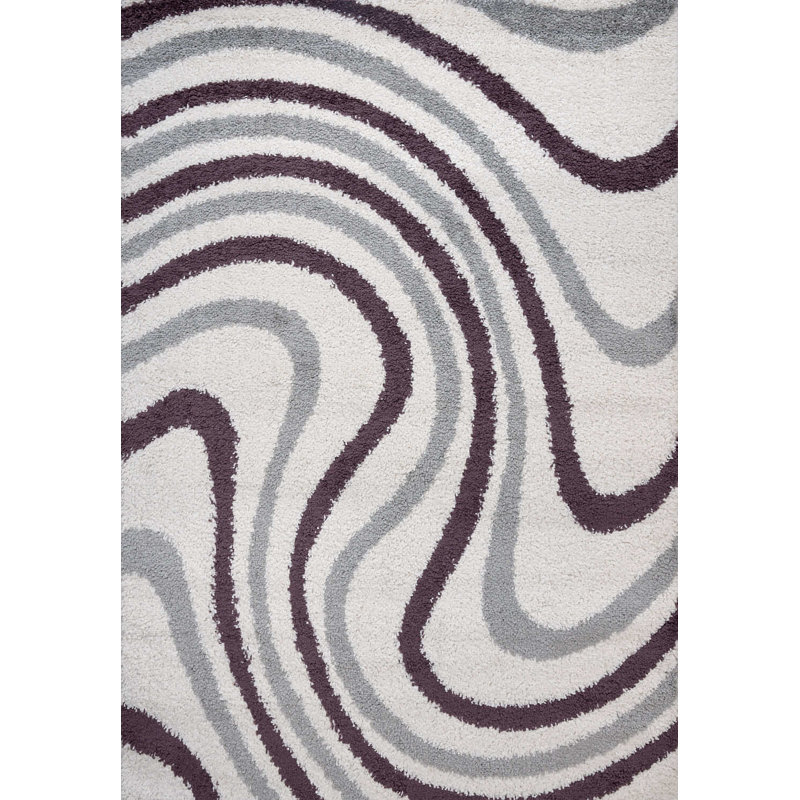 Moodi Modern Shaggy Area Rug Abstract Wavy Line Design, Off-White Grey/Purple, Rectangle 80 x 150 cm