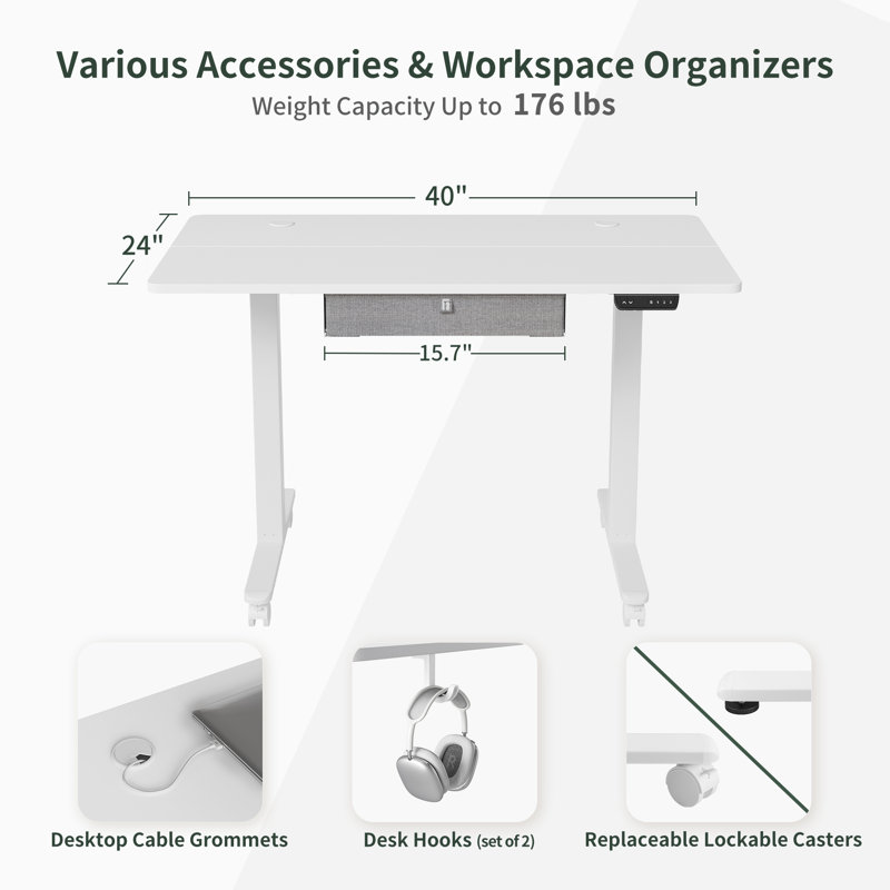 Bureau debout à hauteur ajustable, H 46 po x l 40 po x P 24 po, Blanc