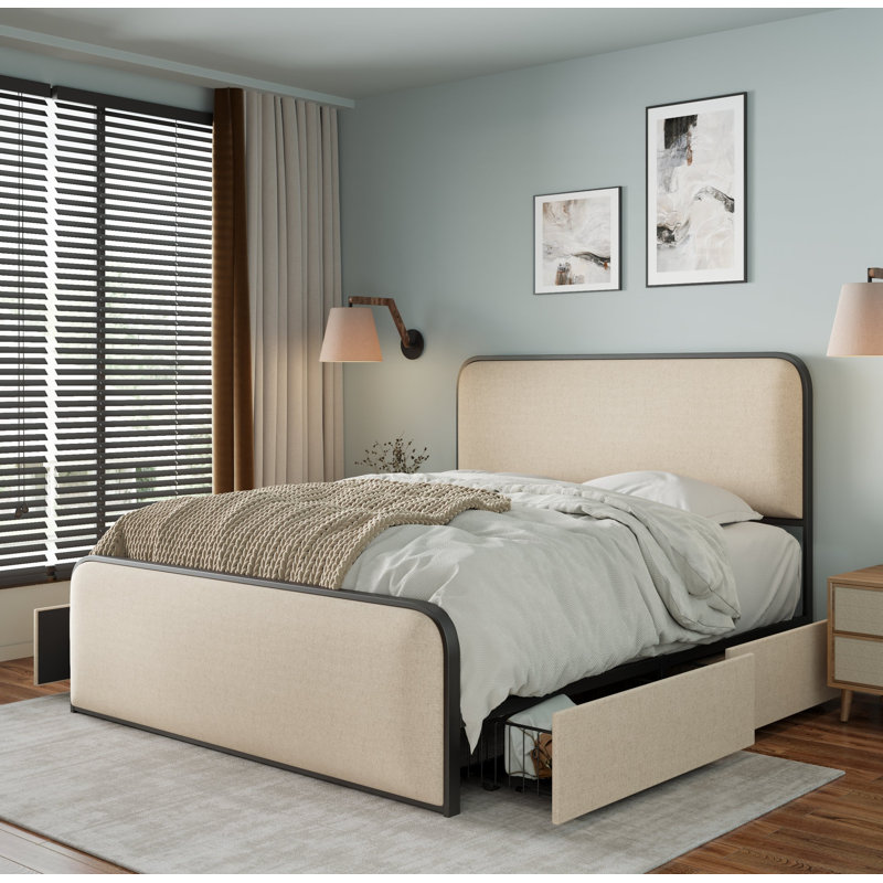 Structure de lit avec rangement et tête de lit et pied de lit rembourrés, Très grand lit, Beige