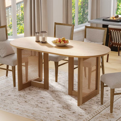 67"L×33.5"W Oval Oak Wood Dining Table with Double Pedestal Modern Kitchen Table with Rattan Solid Wood Legs for Seats 6 Natural Wood
