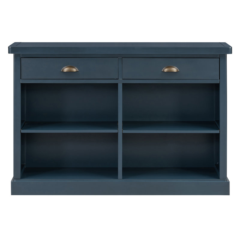 Console en bois d'acacia Harper avec 2 tiroirs et tablettes de rangement ouvertes, Marine, Navy, Navy