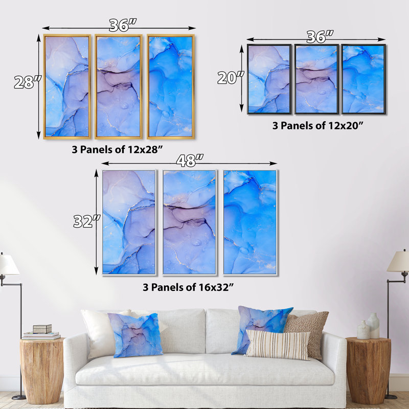 «Blue and Pink Marble Ink Clouds III», ensemble de 3 impressions sur toile, Cadre doré, H 32 po x l 48 po x P 1 po