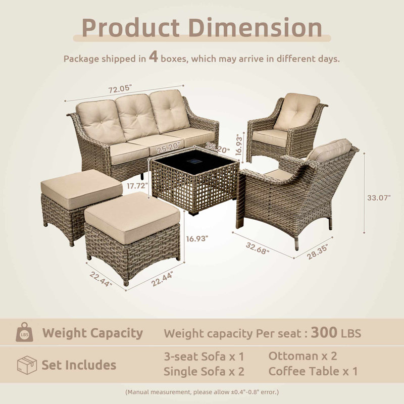 6 Piece Patio Furniture Conversation Sets With Solar Light Table,Outdoor Wicker Furniture With Ottoman, All Weather Resistant Outside High Back Rattan Patio Set