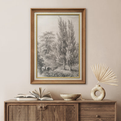 Croquis classique d'un grand arbre rivière, croquis de monochromes, paysage rustique, campagne française