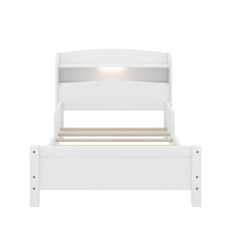 Lit simple en bois de pin avec tête de lit bibliothèque, capteur de mouvement à DEL et garde-corps, Blanc