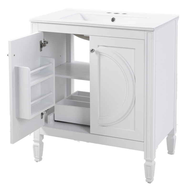 Meuble-lavabo blanc de 30 po sans assemblage requis avec lavabo en céramique, deux portes à fermeture en douceur et tablette réglable, style campagne moderne