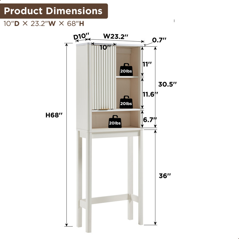 Armoire de rangement autoportante au-dessus de la toilette avec porte coulissante cannelée Riccio, Blanc uni