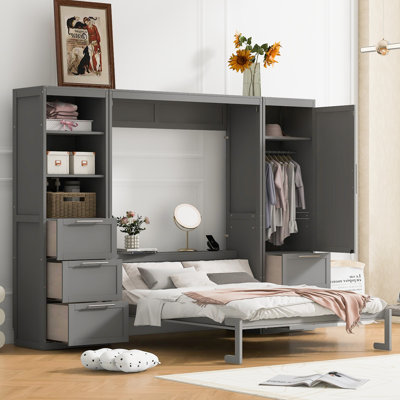 Grand lit escamotable mural avec garde-robe, tiroirs et tablettes - Grand lit escamotable pliable, gris
