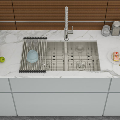 28"X19" Double Bowl 60/40  Undermount Stainless Steel Kitchen Sink 16 Gauge, 10" Deep Basins, Rear 3.5 Drain, X Grooves For Fast Water Flow, 3Mm Soundproofing, Condensation Coating, Comes With Drying