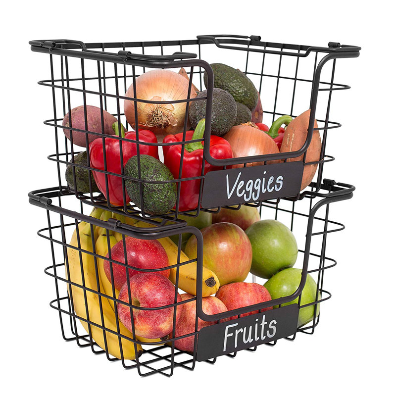 Black Steel Rectangular Stacking Wire Market Baskets with Chalk Label - Set of 2