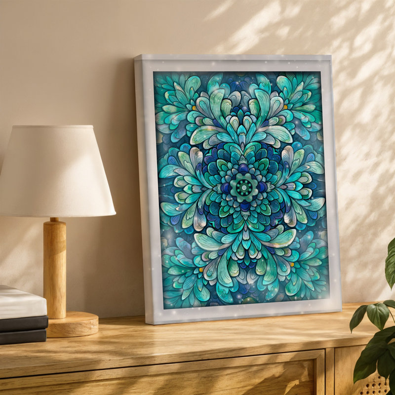 Toile, "Design a Vibrant Mandala Design", présentant des motifs floraux complexes dans des tons de turquoise, bleu sarcelle et bleu foncé