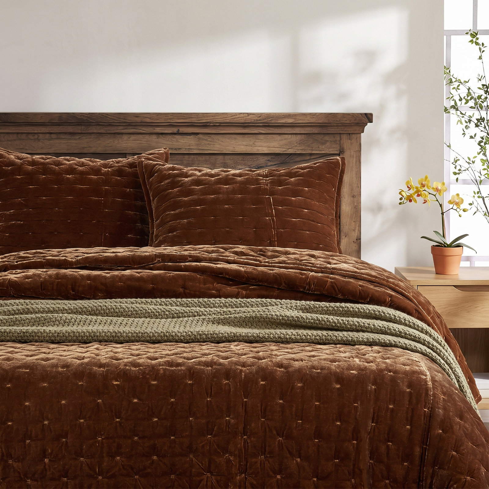 Stella Velvet Quilt Set, Copper Brown, King Quilt + 2 King Shams