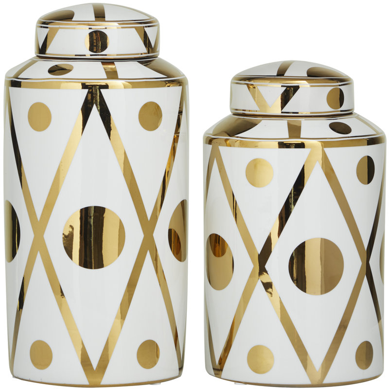 Ceramic Decorative Jars with White Floral Patterns Set, White