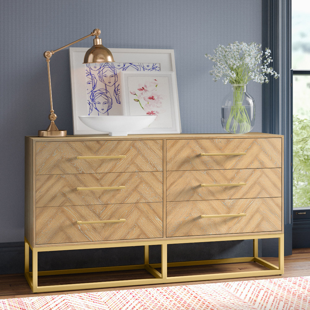 Sheldon 56 " Double Dresser, Gold/Rustic Oak